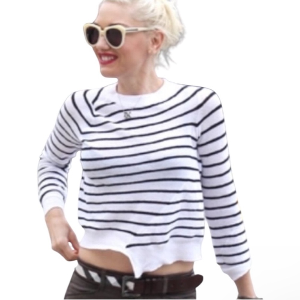 A.L.C. Blue Cream Striped Asymmetrical Thin Knit 3/4 Sleeve Pullover Sweater - M